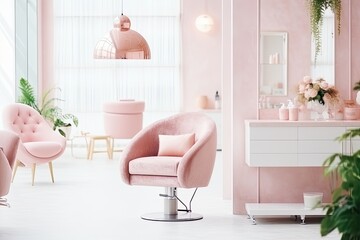 Contemporary beauty salon design with stylish furniture, pink accents, and elegant interior, creating a welcoming atmosphere. - obrazy, fototapety, plakaty