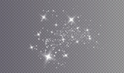 White png dust light. Christmas background of shining dust Christmas glowing light bokeh confetti and spark overlay texture for your design.