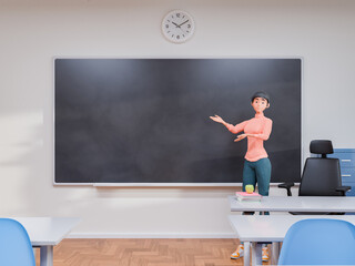Cartoon Teacher Presenting in Classroom with Blackboard and Clock