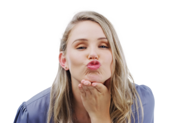 Portrait, hands and woman with air kiss on isolated, transparent or png background. Thank you, emoji and face of lady model with gesture for love, kindness or support, flirting or romantic interest