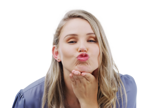 Portrait, hands and woman with air kiss on isolated, transparent or png background. Thank you, emoji and face of lady model with gesture for love, kindness or support, flirting or romantic interest