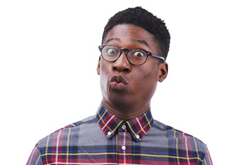 Surprise, portrait and black man with wow gossip on isolated, transparent or png background. No...
