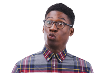 Surprise, portrait and black man with wow gossip on isolated, transparent or png background. No way, shock and face of African model with omg news, reaction or oops, emoji or offended by secret drama