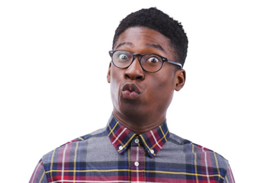Surprise, portrait and black man with wow gossip on isolated, transparent or png background. No way, shock and face of African model with omg news, reaction or oops, emoji or offended by secret drama