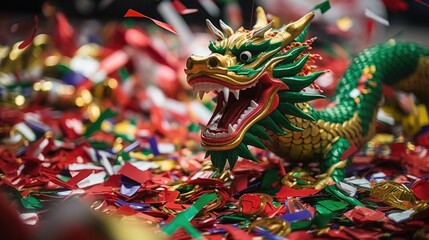 Chinese Dragon in colorful confetti background. CNY year of the dragon. Happy Chinese New Year concept. Festive illustration for wallpaper, banner, greeting card, web, poster, print.