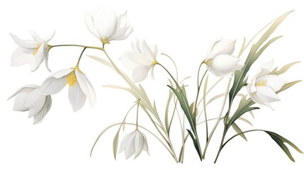 Snowdrops on white background. Hello Spring Easter concept. Beautiful blooming delicate white spring flowers illustration for invitation, greeting card, poster, wallpaper, print, web..