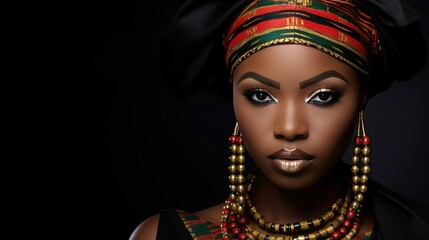 Fototapeta na wymiar African woman wearing traditional national clothing and head wrapper. Black History Month concept. Black beautiful lady close-up portrait dressed in colourful cloth and jewellery. .