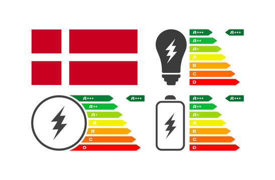 National flag of Denmark and charge. Flat, color, letter battery rating. National flag of Denmark. Vector icons