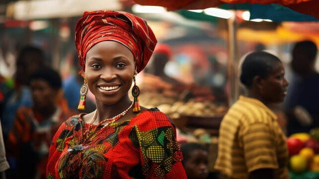 African woman wearing traditional national clothing and head wrapper. Black History Month concept. Black beautiful lady close-up portrait dressed in colourful cloth and jewellery. .