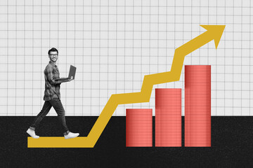 Photo collage successful freelancer businessman using laptop big income steps graphics up level diagram isolated over checkered background