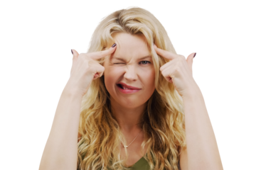 Portrait, funny face and wink with a crazy woman isolated on transparent background looking silly or goofy. Comic, comedy and fingers on head with a young person joking for playful fun on PNG