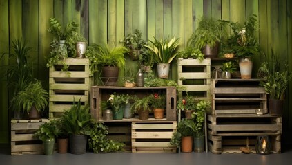 Fototapeta na wymiar Recycled pallets with hanging plants in the yard