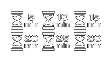 Hourglass timer icons. Outline, 5, 10, 15, 20, 25, 30 minute hourglass timers. Vector icons - obrazy, fototapety, plakaty