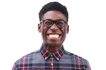 Portrait, funny or face of black man, nerd or geek isolated on transparent png background. Glasses, smile or facial expression of happy young person excited for comedy, goofy joke or silly in Nigeria - obrazy, fototapety, plakaty