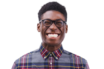 Portrait, funny or face of black man, nerd or geek isolated on transparent png background. Glasses, smile or facial expression of happy young person excited for comedy, goofy joke or silly in Nigeria