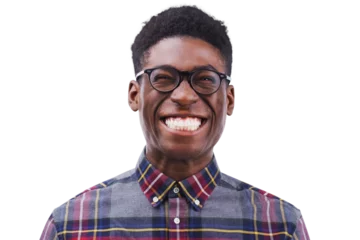 Fotobehang Portrait, funny or face of black man, nerd or geek isolated on transparent png background. Glasses, smile or facial expression of happy young person excited for comedy, goofy joke or silly in Nigeria © Mayur/peopleimages.com