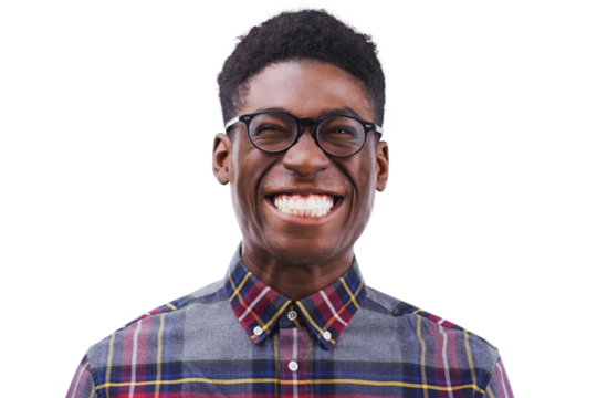 Portrait, funny or face of black man, nerd or geek isolated on transparent png background. Glasses, smile or facial expression of happy young person excited for comedy, goofy joke or silly in Nigeria