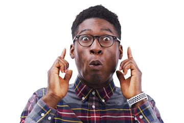 Wow surprise and portrait of black man with hand pointing up for glasses, sale or news on isolated,...