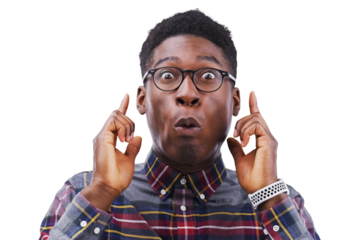 Wow surprise and portrait of black man with hand pointing up for glasses, sale or news on isolated, transparent or png background. Omg, face and winner shocked by deal, discount or promotion offer