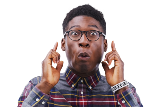 Wow surprise and portrait of black man with hand pointing up for glasses, sale or news on isolated, transparent or png background. Omg, face and winner shocked by deal, discount or promotion offer