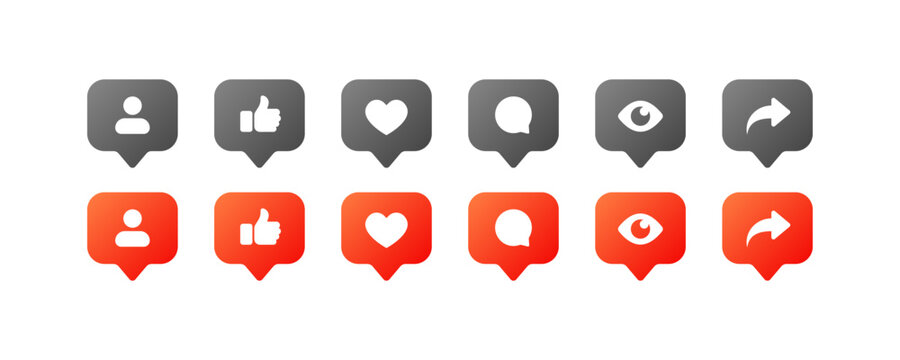 Social network icons. Different styles, man icon, thumbs up, heart, speech bubble, eyes, arrows for social networks. Vector icons