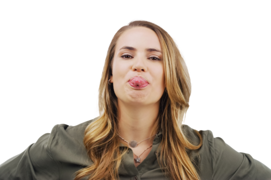 Portrait, comic and tongue out with a happy woman isolated on a transparent background for comedy. Funny face, silly or goofy and a happy young person on PNG for carefree facial expression humor