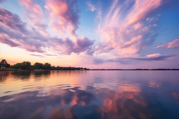 Majestic Sunset Sky Reflection over Tranquil Lake