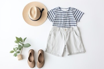 striped shorts, sandals and hat