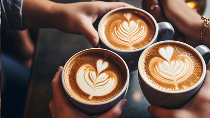 3 people drinking coffee, view from top, close up on coffee cups with latte art