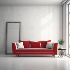 Red sofa in white living room