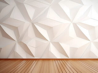 an empty room with interior with geometric abstract 3d white on the wall and brown floor