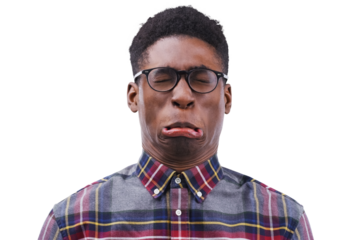 Man, cry and upset with sad, face or depression for heartbreak, pain or grief. Male student, mourning and emotions with glasses for hurting facial expression on isolated or transparent png background