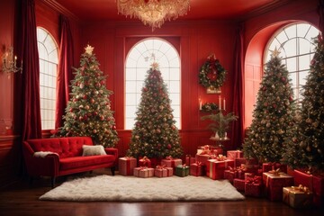 Christmas in a warm and cozy home. The room is beautifully decorated with Christmas trees, garlands and gifts, radiating festive cheer and creating the perfect atmosphere to celebrate Christmas. - obrazy, fototapety, plakaty