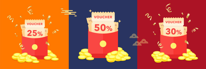 Red Lucky Envelope, Chinese Ang Pao, Pop Up Banner Gift Voucher Coupon Promotion, online shopping marketing, promotion for website, social media icon, e-commerce, Frosted glass, modern style