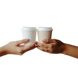 a coffee cup stacked in the hands of two women