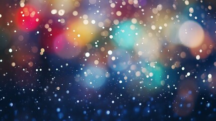 Obraz na płótnie Canvas Snowy Christmas lights: colorful bokeh effect with RGB bulbs and snowflakes