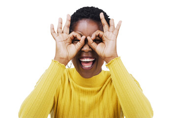 Funny, black woman and hand glasses, frame or search on isolated, transparent or png background....