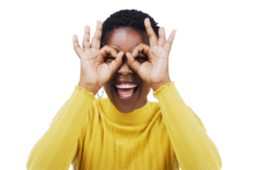 Funny, black woman and hand glasses, frame or search on isolated, transparent or png background. Finger, shape and African model face with gesture for vision, seeing or comic, nerd or geek expression