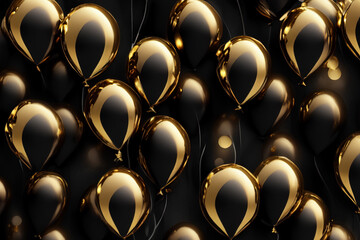 background. gold and black balloons with ribbons, shiny balloons. wallpaper concept