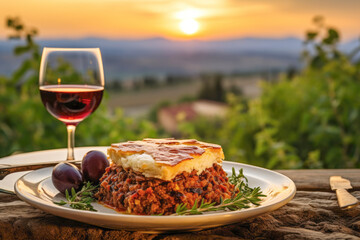 a classic Greek meal of moussaka, a delectable dish with layers of aubergine, meat, and creamy...