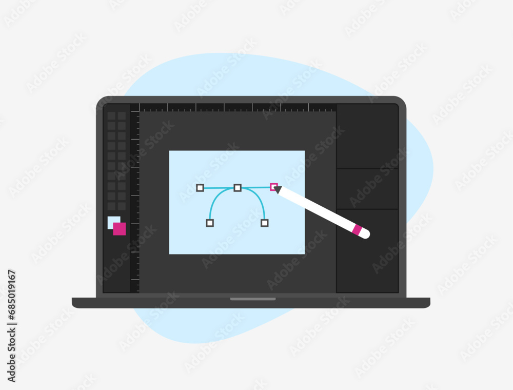 Fototapete Laptop display with vector ui design program for professional digital art, graphics editing. Designer Dashboard, graphics editor with toolbar software for illustration and vector digital art creation