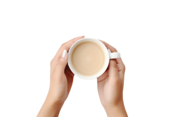 hands holding cup of coffee near the white background,
