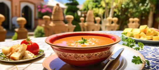 A closeup of a refreshing and traditional Spanish gazpacho, featuring vibrant yellow and green hues.