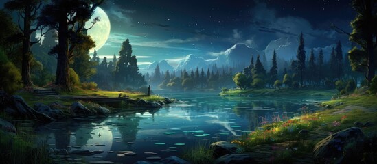 As the moon rose over the colorful and beautiful scene, the reflection of the blue water and green trees in the summer river created a serene ambiance in the woods, where nature and water met with the