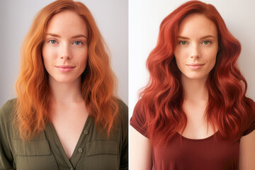 magic of a hair care transformation as a fiery-haired beauty bids farewell to split ends, revealing revitalized, bouncy curls in a stunning before-and-after portrayal.