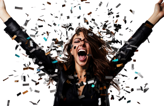young woman celebrating in party with party confetti on the white background