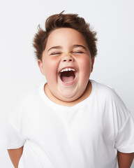 Close-Up Photo of a Cheerfully Laughing, Chubby Little Boy, Expressing Open Childlike Emotions and Joy, Against a White Background