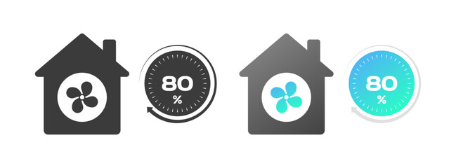 Fan operation percentage icons. Flat, house icons with a blade, 80% of the work. Vector icons