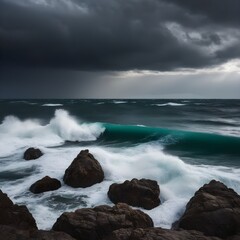 Fototapeta premium a sea of waves, waves against rocks, dark clouds on the sea