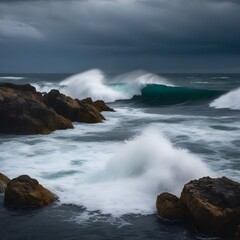 a sea of waves, waves against rocks, dark clouds on the sea